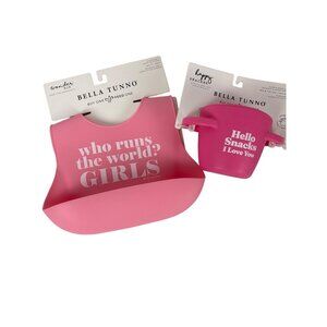 Bella Tunno Pink Wonder Who Runs The World Girls Bib & Happy Snacker Set NWT